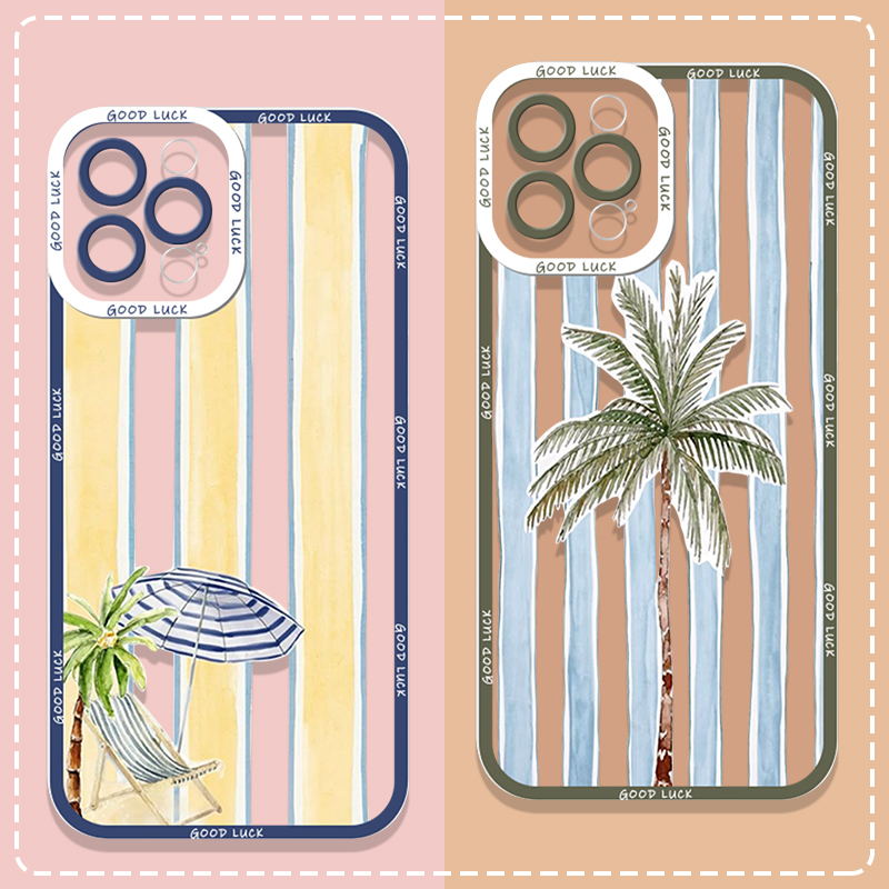 Phone Cases A14 Samsung - 夏のヤシの木とココナッツ柄のストライププリントクリアスマホケース Samsung Galaxy A56 A07 A17