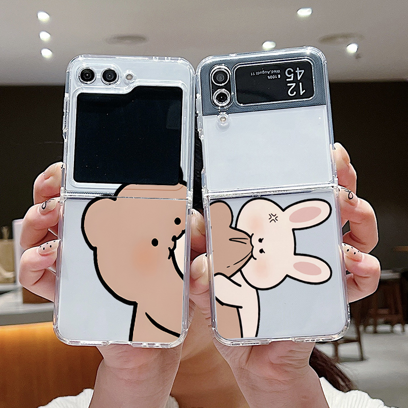 Phone Cases Z Fold 5 - 面白いバニーとクマのペアデザインクリアフォンケース、Samsung Galaxy Z Flip 7 Flip6