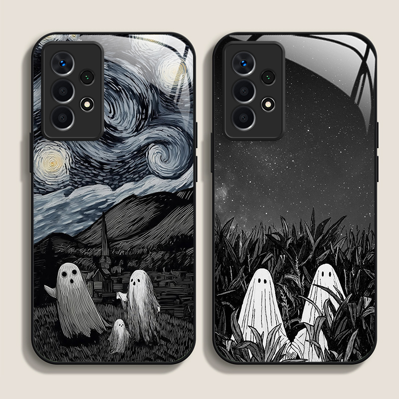 Phone Cases Funny - 面白い幽霊の抽象芸術柄強化ガラス製スマホケース、Samsung Galaxy S25 Ultra、S24、S23 Plus、S22、S21、S20 FE、A56
