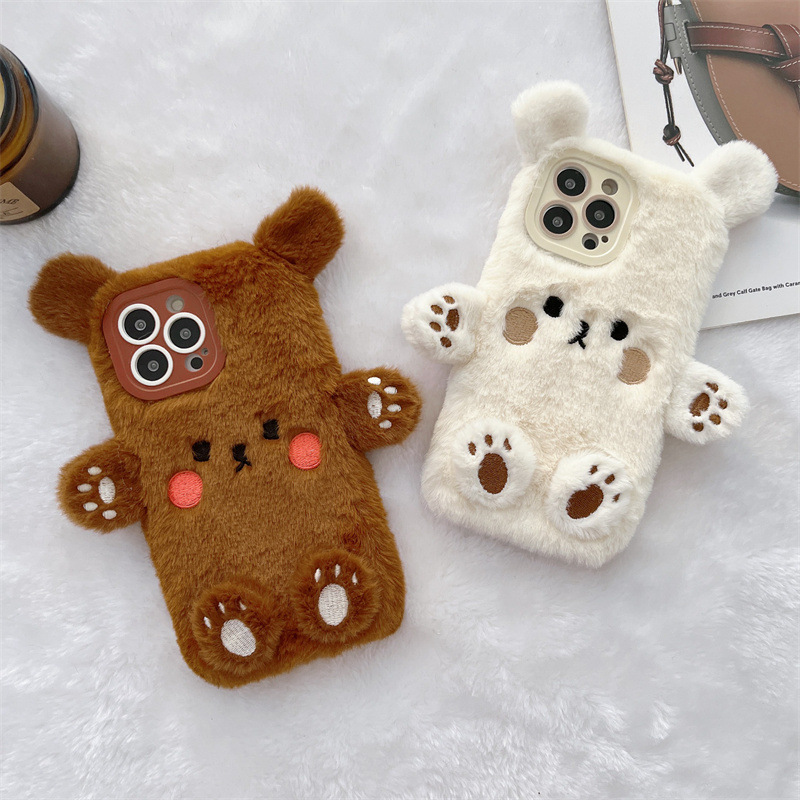 Phone Cases Iphone 14 - 韓国の3D漫画風クマのふわふわぬいぐるみカップル携帯ケース iPhone 17 Air 16 15