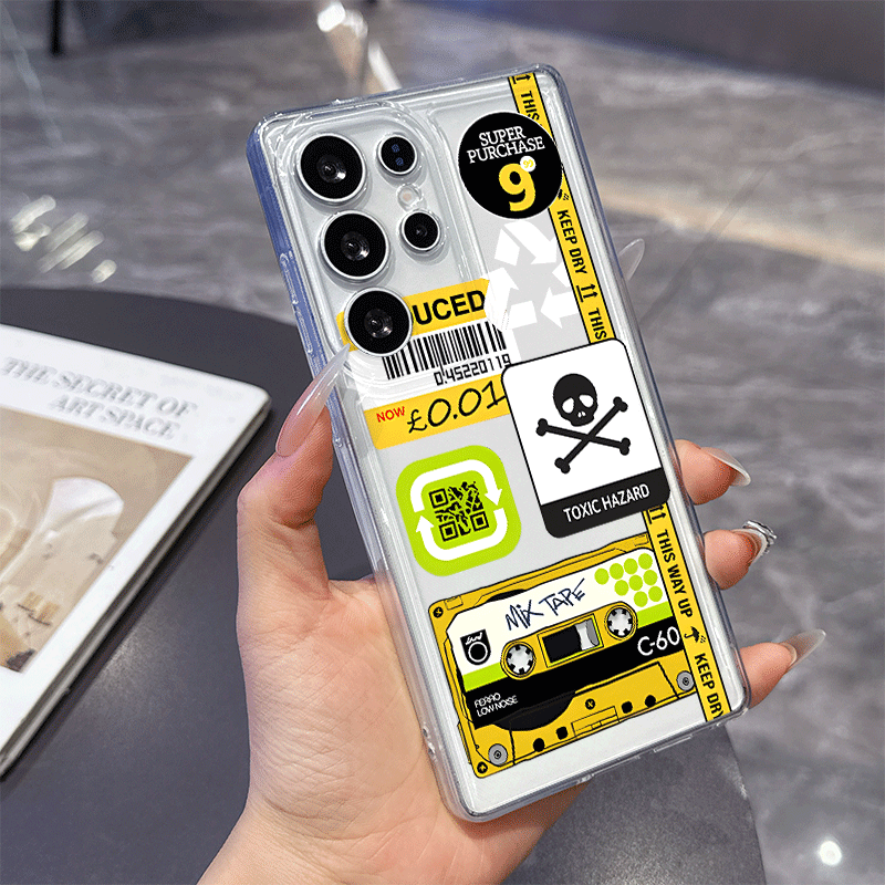 Phone Cases Funny - 面白いミックスラベルのコラージュステッカーパターンクリアスマホケース Samsung Galaxy S26 Ultra S25