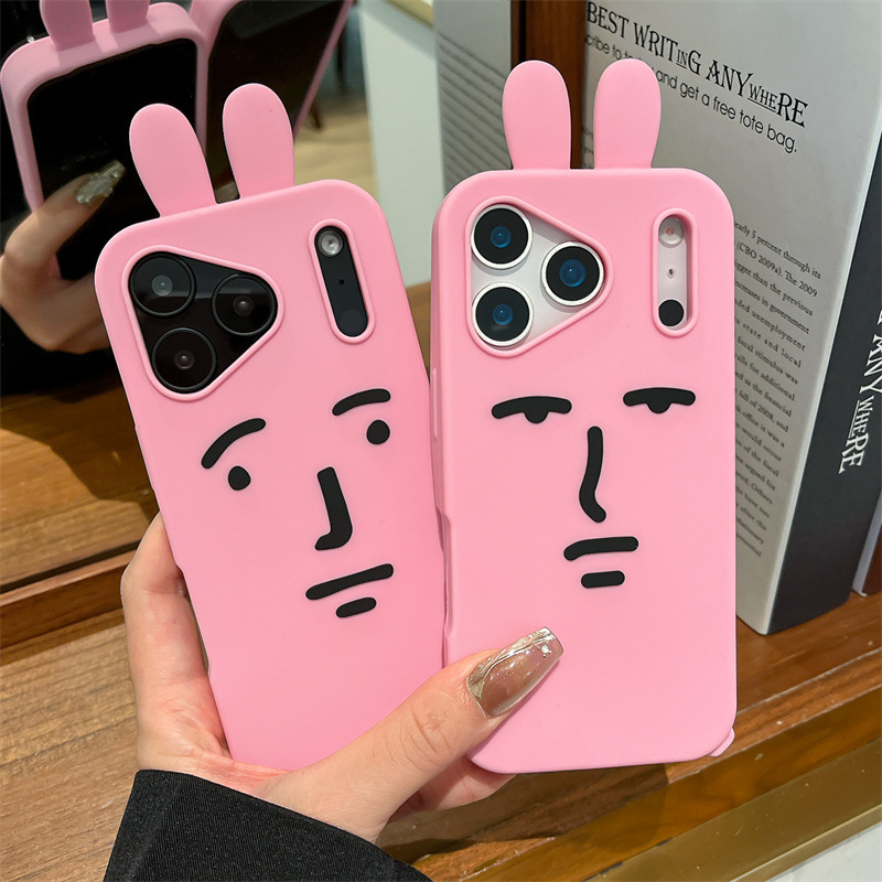 Phone Cases Funny - かわいい3D面白い漫画ピンクの絵文字ウサギのスマホケース iPhone 17 16e 15 14