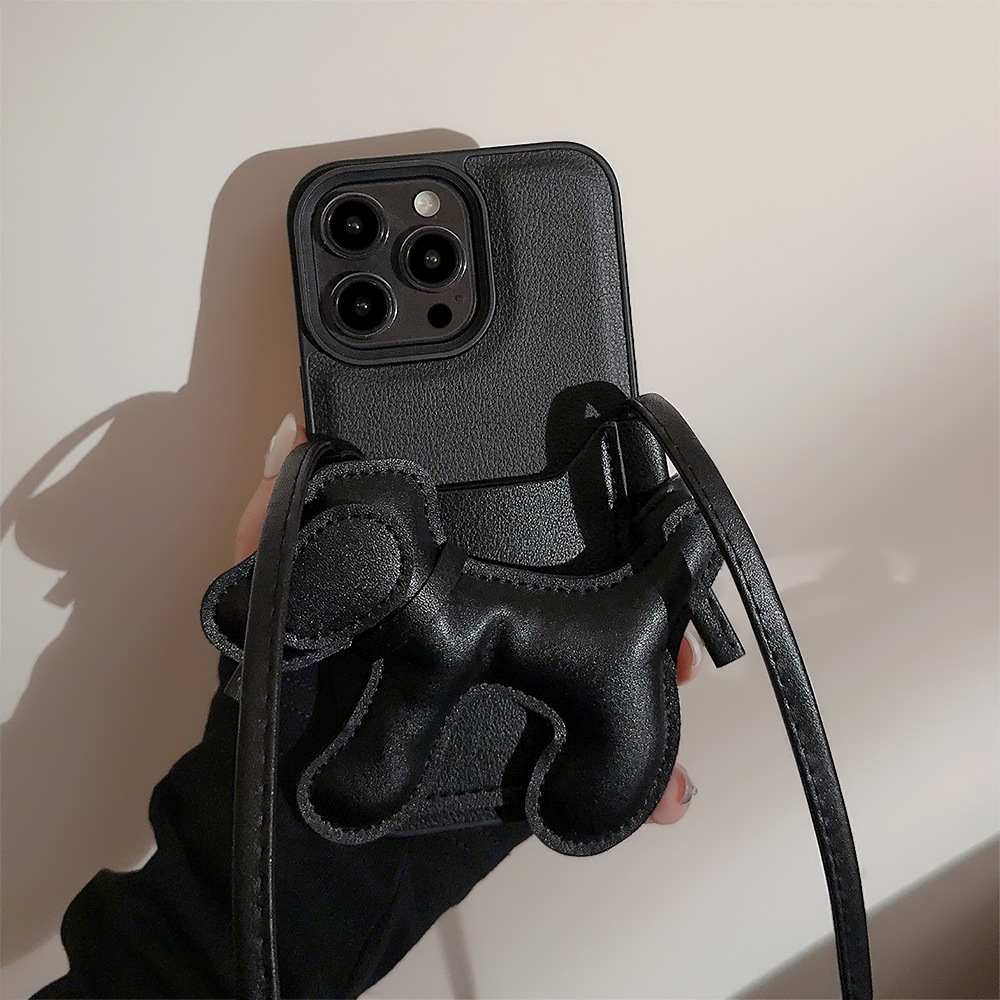 Phone Cases Diy - 韓国製ブラッククロスボディランヤードDIY子犬革風テクスチャiPhoneケース iPhone 17 Air 16 15