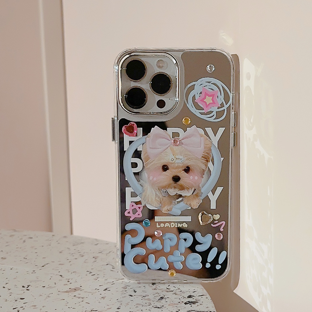 Phone Cases Diy - かわいい漫画の子犬DIYダイヤモンドメッキミラー付きスマホケース iPhone 17 Air 16 15