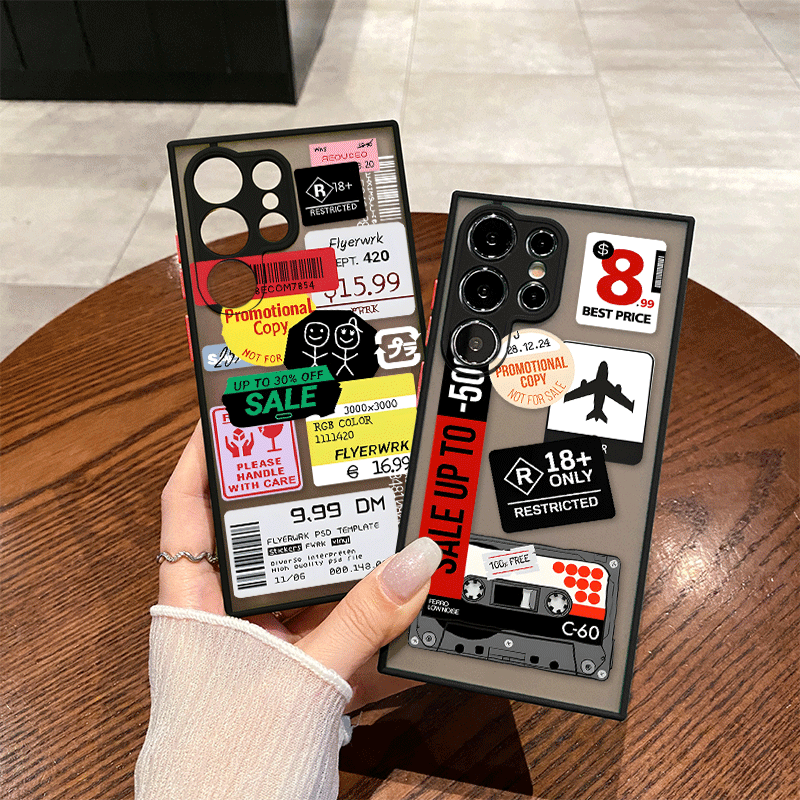 Phone Cases Funny - 面白いミックスラベルのコラージュステッカーパターン付きスマホケース、Samsung Galaxy S26 S25 S24+ S23