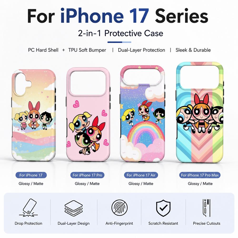 Phone Cases For Girls - アニメ「パワーパフ・ガールズ」スマホケース フィルム素材 2-in-1 シェル iPhone 17