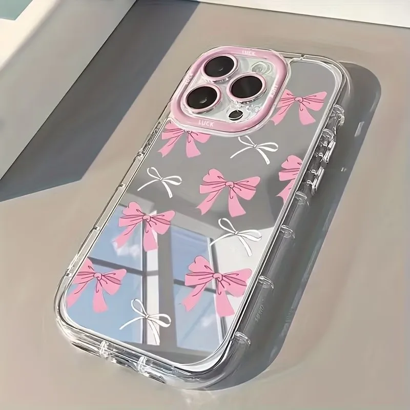 Phone Cases For Girls - シンプルな青とピンクのリボンが可愛い女の子向けメイクアップミラー付きスマホケース iPhone 17 AIR 16 15