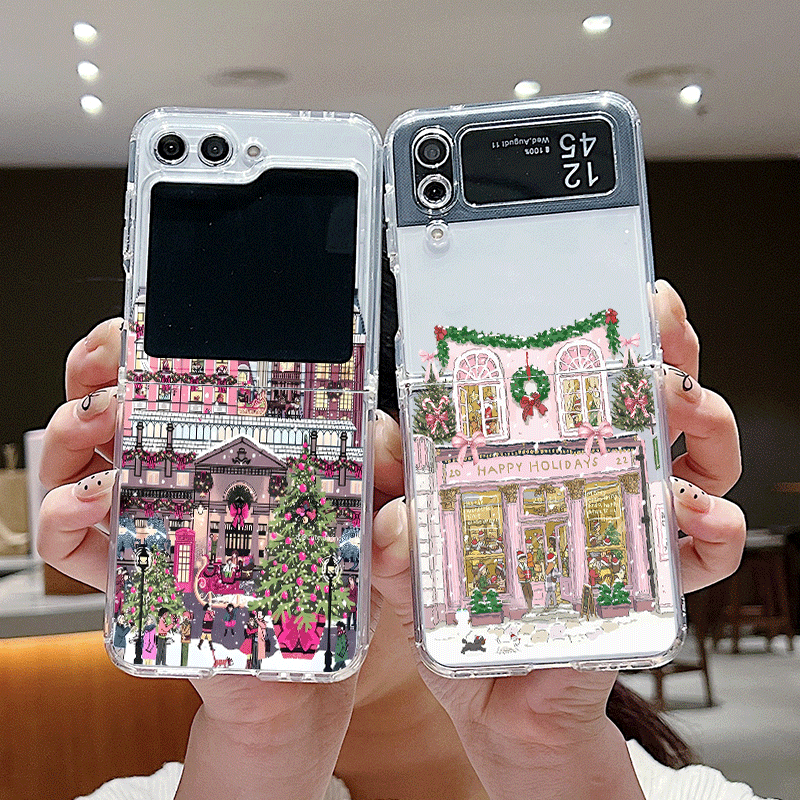 Phone Cases Z Flip 7 - 田舎の建物 雪景色 クリスマス クリア電話ケース Samsung Galaxy