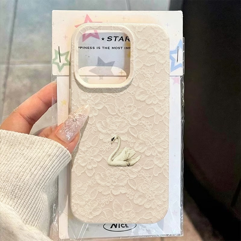 Apple Iphone 15 Pro Max - レーススワン柄ライチテクスチャスマホケース iPhone 17 16 15 Pro