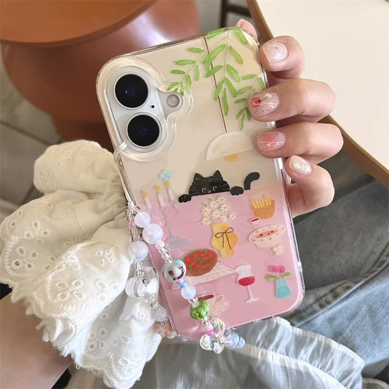 Phone Cases For Girls - インスタ映え可愛いダイニングテーブルと小さな黒猫の漫画風スマホケース iPhone 17 16 15 14