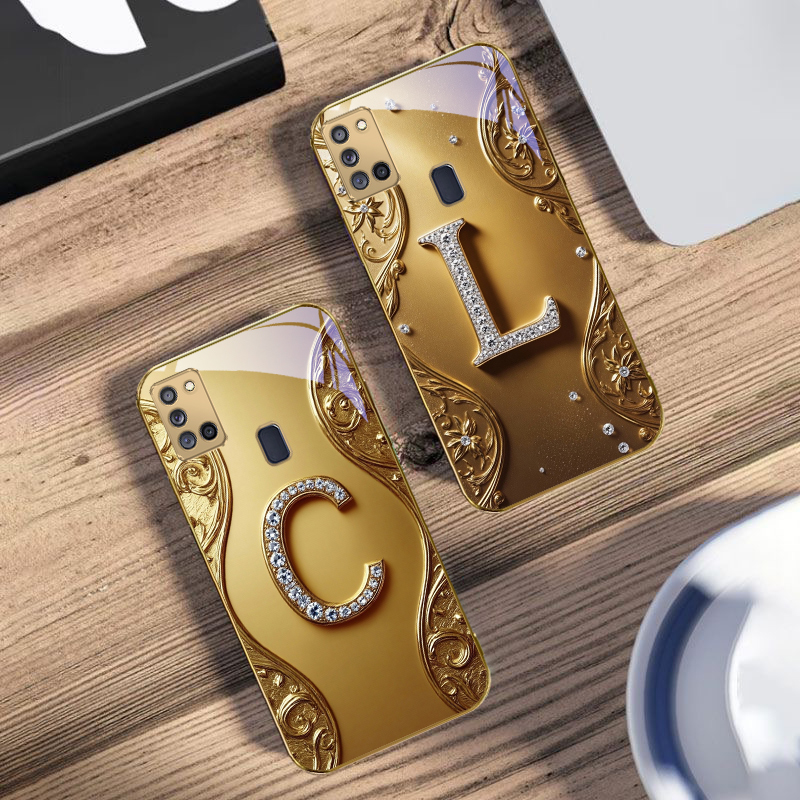 ダイヤモンドがちりばめられた「K」付きゴールデンガラス製スマ - Phone Cases A14 Samsung のレビューと価格