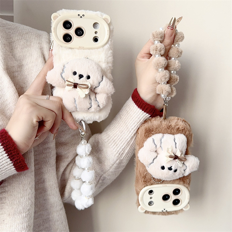 3D漫画風リボン付き子犬のふわふわぬいぐるみスマホケース i - Phone Cases Iphone 14 のレビューと価格