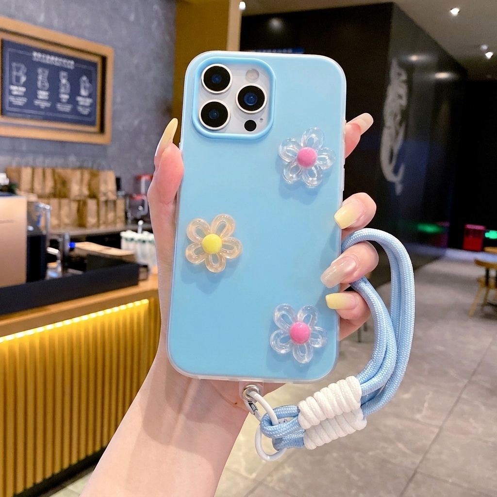 ブルー2in1 3D DIYフラワーランヤード付きスマホケー - Phone Cases Diy のレビューと価格