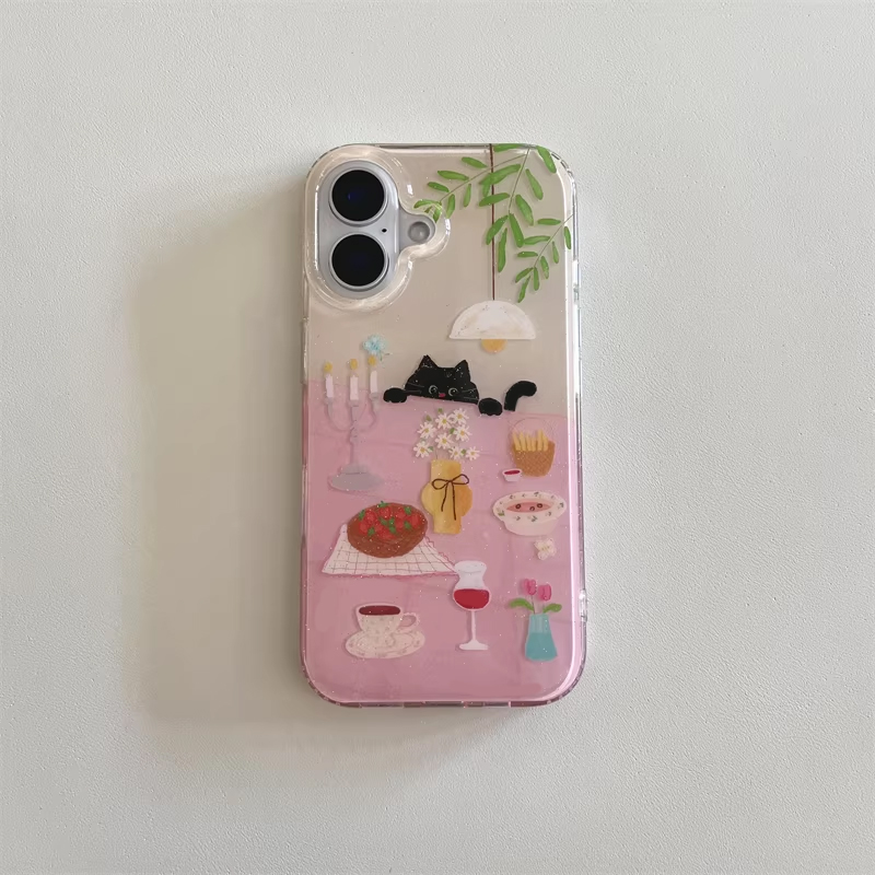 インスタ映え可愛いダイニングテーブルと小さな黒猫の漫画風スマ - Phone Cases For Girls のレビューと価格