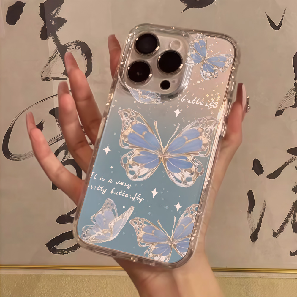高級ブルーバタフライクリアグリッターフォンケース iPhon - Phone Cases Expensive のレビューと価格
